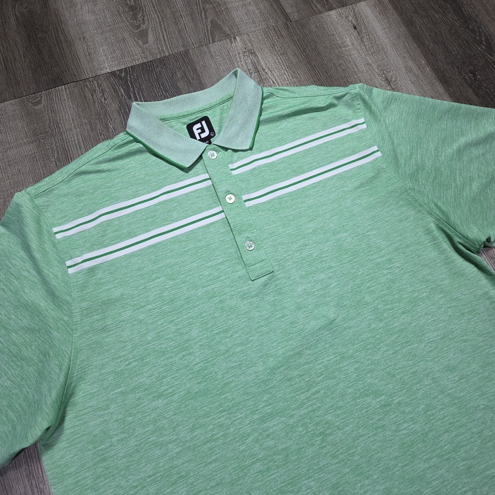 Foot Joy FJ Mens Large Casual‎ Polo Shirt Green w/White Stripes Athleisure Golf